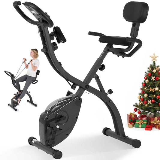3 in 1 Exercise Bike Quiet Folding Magnetic Stationary Exercise Bikes with Arm Resistance Bands Home Workout Use