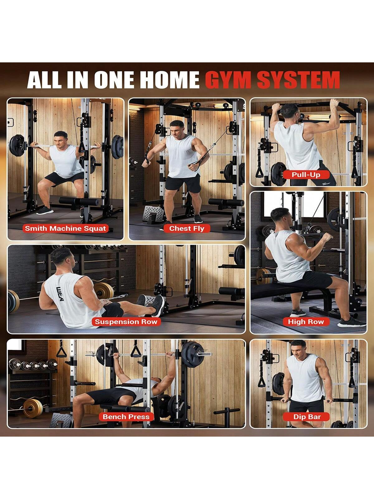 Ataucjin Smith Machine for Home Gym, Smith Machine with Cable Crossover Machine and Chest Station, All in One Home Gym System Power Rack for Garage(Ship in 3 Boxes)