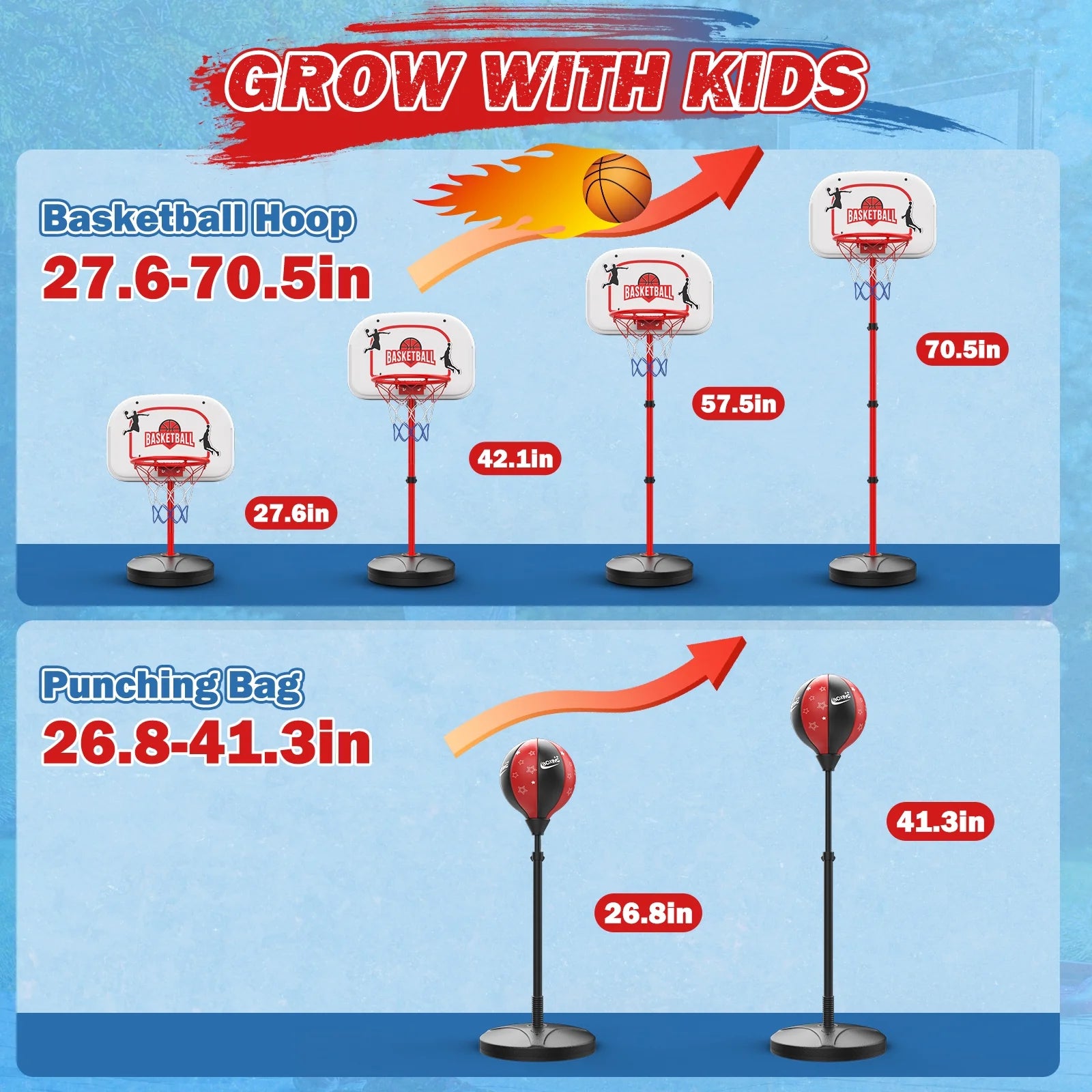 2 in 1 Kids Basketball Hoop and Punching Bag, Adjustable Stand with Boxing Gloves & 2 Balls, Toddler Basketball Hoop and Boxing Bag Set Toy for Outdoor Indoor Sports Games