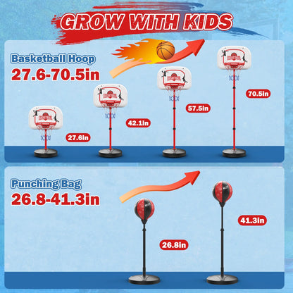 2 in 1 Kids Basketball Hoop and Punching Bag, Adjustable Stand with Boxing Gloves & 2 Balls, Toddler Basketball Hoop and Boxing Bag Set Toy for Outdoor Indoor Sports Games