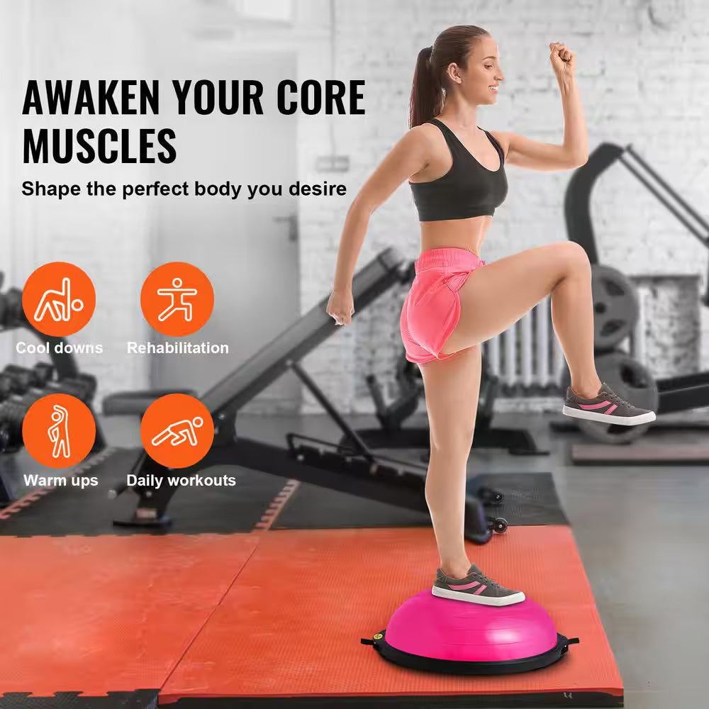 Half Exercise Ball Trainer 26 In. Balance Ball Trainer 1500Lbs Capacity Stability Ball Yoga Ball with Bands Pink