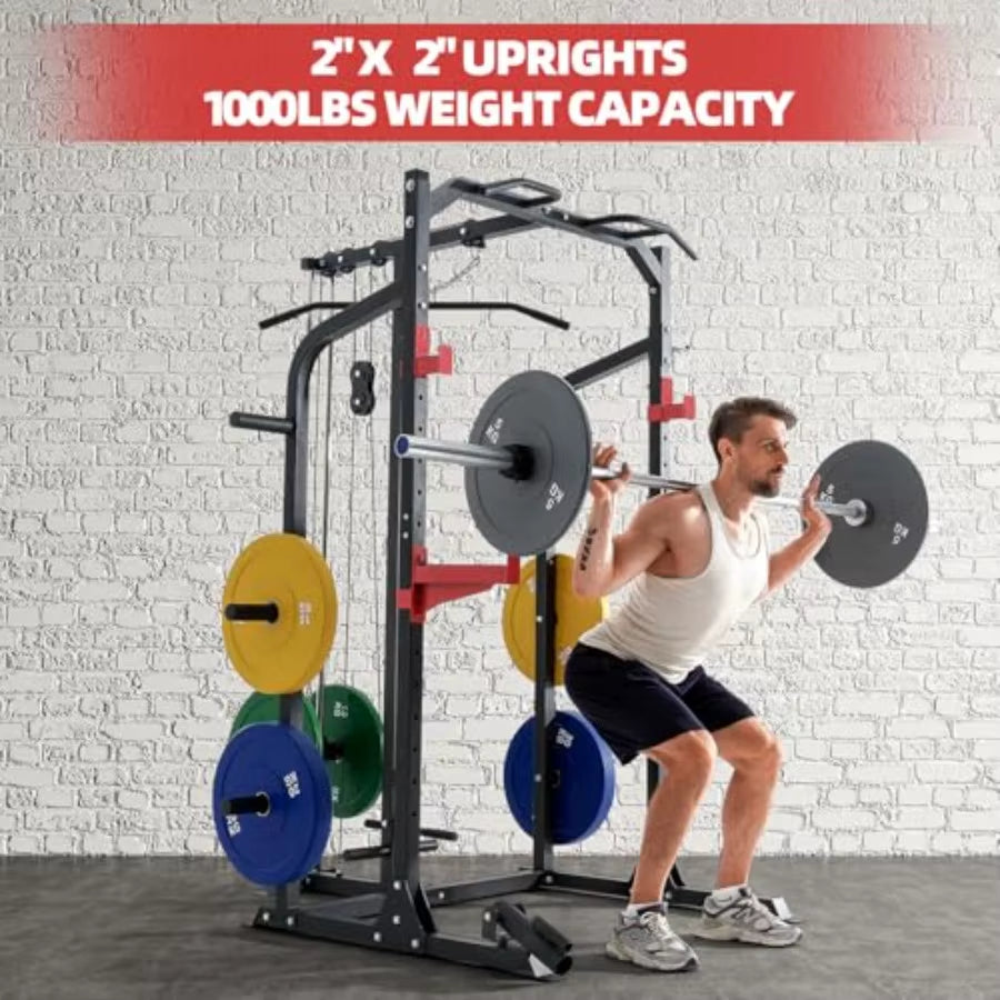 2X2 Squat Half Rack with LAT Pulldown System and Multigrip Pullup Bar for Home Gym Featuring Plate Storage and 1000LBS Capacity