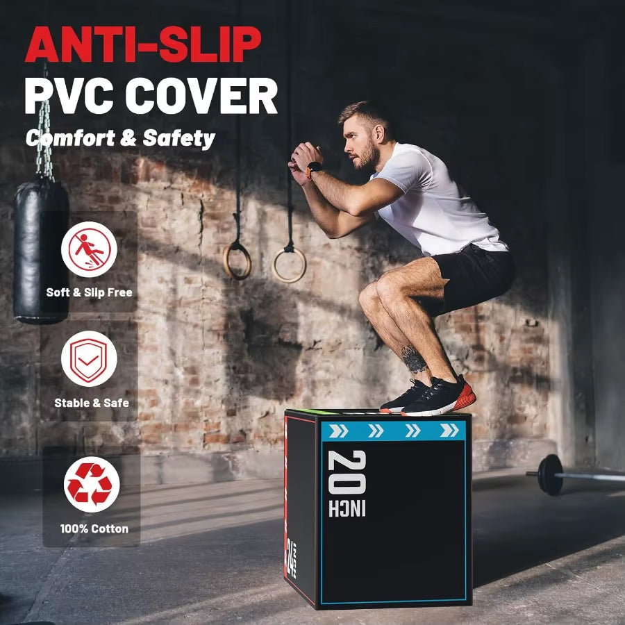 3In1 Plyometric Jump Box Workout Equipment for Home Gym Training: Adjustable Height Boxes 20 24 30 with Antislip Surface and Hi