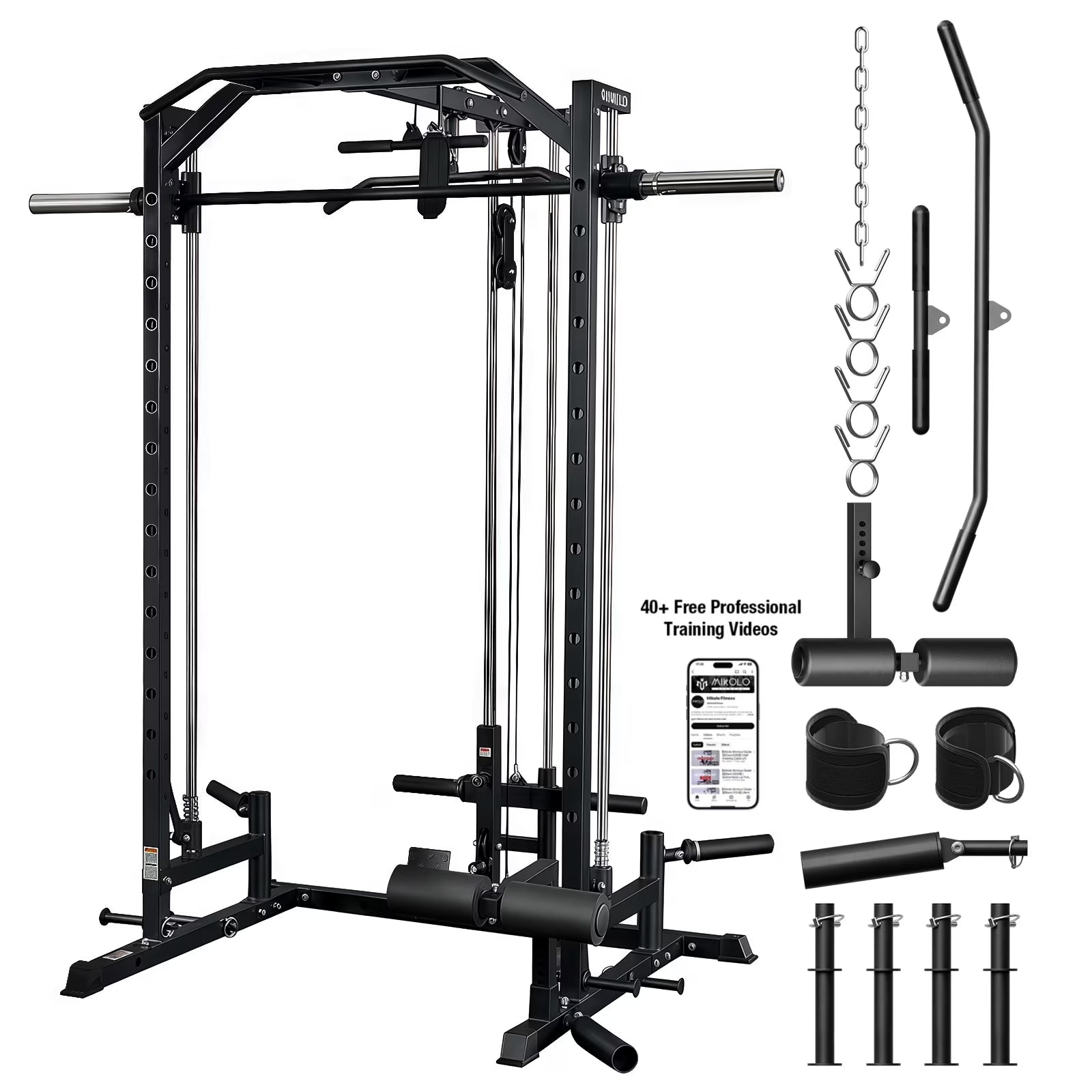Smith Machine Home Gym, 1800 LBS Multi-Functional Squat Rack with Lat Pull down System, Workout Station with Weight Bar, Bend Peg and Other Functional Attachments