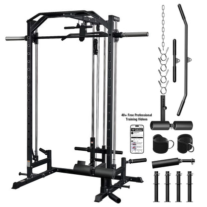 Smith Machine Home Gym, 1800 LBS Multi-Functional Squat Rack with Lat Pull down System, Workout Station with Weight Bar, Bend Peg and Other Functional Attachments