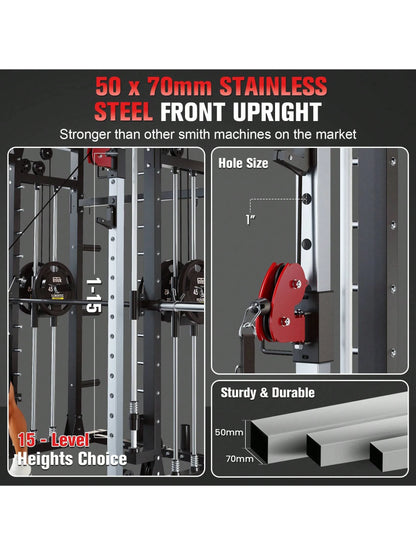 Smith Machine - 2200Lbs Squat Rack Home Gym with Lat-Pull down System & Cable Crossover Machine - Training Equipment with Leg Hold-Down Attachment