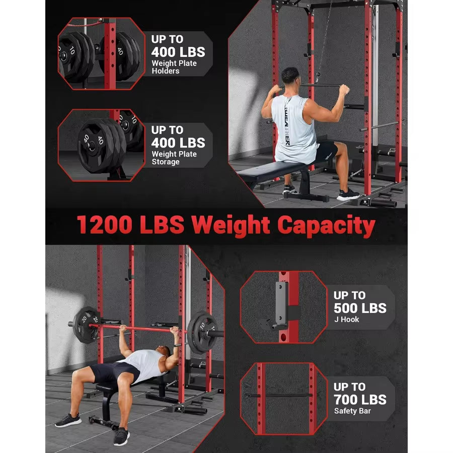 Power Cage Power Racks for Home Gym with Pulley System 1200LBS Weight Capacity Multifunctional Squat Rack for Strength Workout